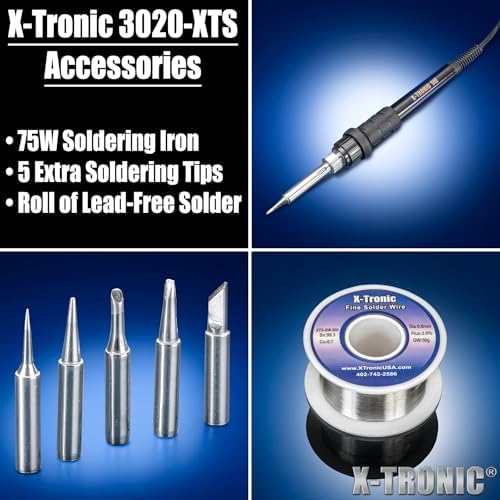 The Original X-Tronic 3020-XTS • 75W Soldering Iron Station Kit • 2 Helping Hands • Silicone Tool Mat • 5 Extra Tips • 50g Roll of Solder • Brass Sponge • Cleaning Flux • C/F Conversion • Auto Sleep!