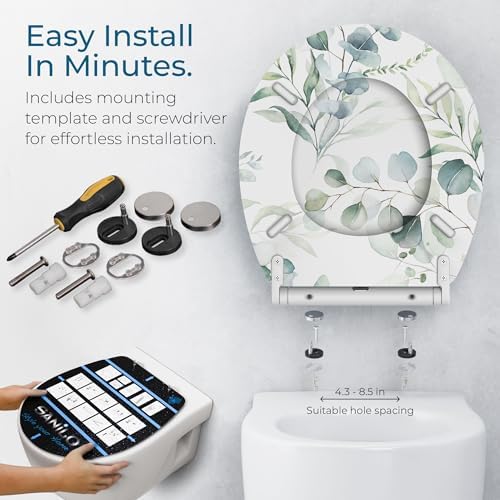 Sanilo Wooden Toilet Seat with Quick Release & Soft Close [ROUND] - Decorative & Slow Close Molded Wood Seat - With One Click for Easy Installation & Cleaning - With Adjustable Fit (Eucalyptus)