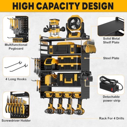 5-Tier Power Tool Organizer Wall Mount with 4 Power Strip, Black