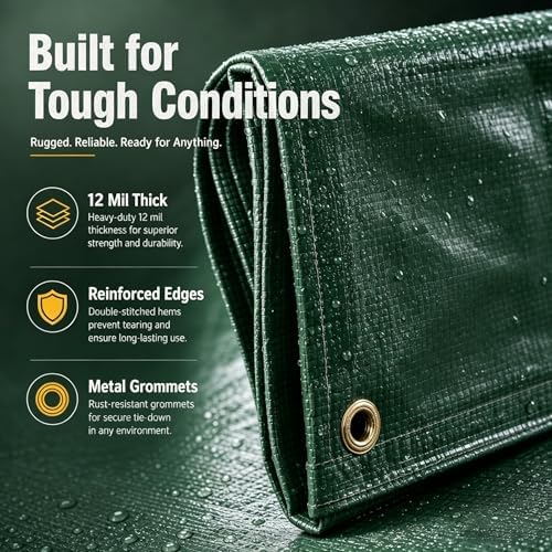 Heavy Duty Waterproof Tarp 12x16 ft, 12 Mil Thick Polyethylene