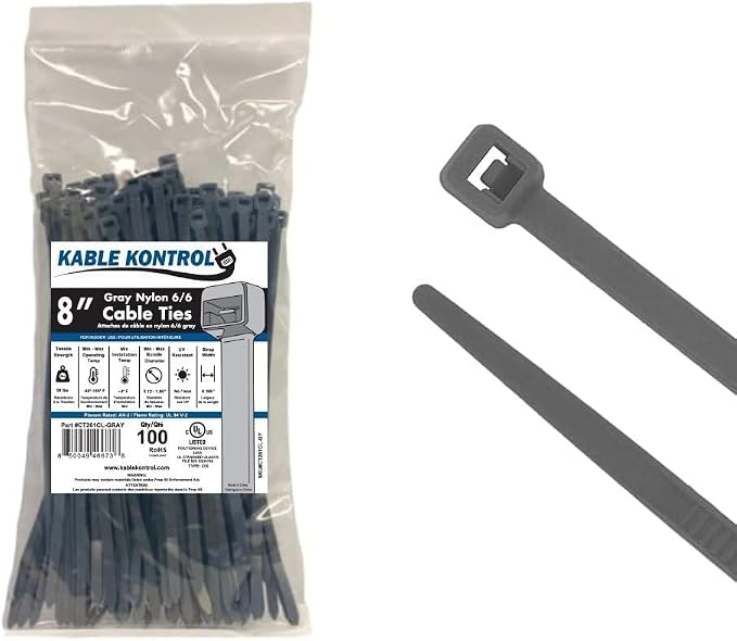 Kable Kontrol Gray Zip Ties 8 Inch 100 Pcs, 50 Lbs Tensile Strength, Self-Locking Nylon Colored Cable Ties Wire Wraps for Indoor or Outdoor Use