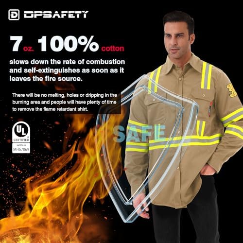 FR Shirts for Men 7oz High Visibility Fire Resistant Shirts CAT2 Welding Shirt 100% Cotton Hi Vis Flame Resistant Shirt Khaki(4X-Large)
