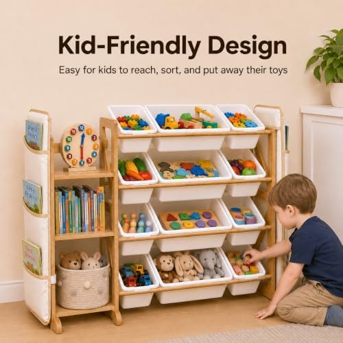 Toy Storage Organizer for Kids, 12 Bins, Bookshelf & Hanging Book Pocket