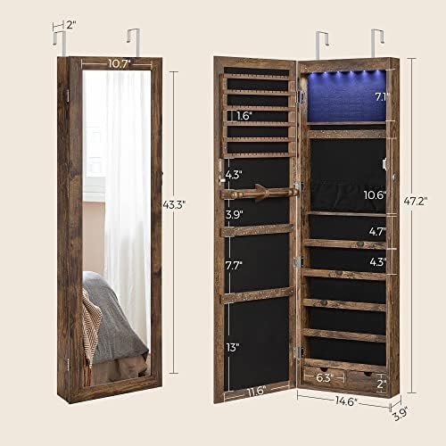SONGMICS 6 LEDs Mirror Jewelry Cabinet, 47.2-Inch Tall, Lockable