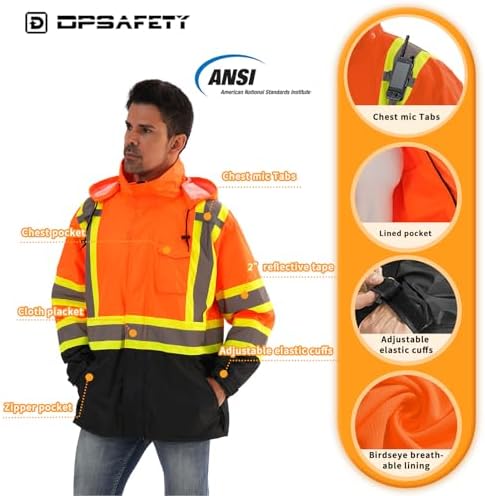 Reflective Rain jackets for men waterproof,Hi Vis Safety Coat With Reflective Strips，High Visibility Class 3 Rain jackets With 2 large pockets，Zipper,Orange,LG/XL