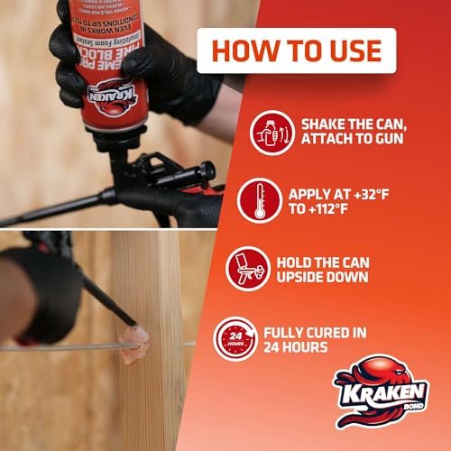 Kraken Bond Xtreme Pro Fire Block Expanding Foam Sealant (1x24oz), Professional Polyurethane Insulating Foam with Fire Block Technology, High Heat Resistant and Waterproof, Gun Included – 1 Pack