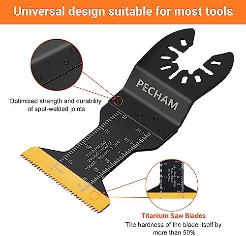 PECHAM 11PCS Titanium Oscillating Tool Blades, Universal Oscillating Multitool Blades Metal Cutting Quick Release for Hard Material Metal Nails Wood Plastic fit More Oscillating Tools
