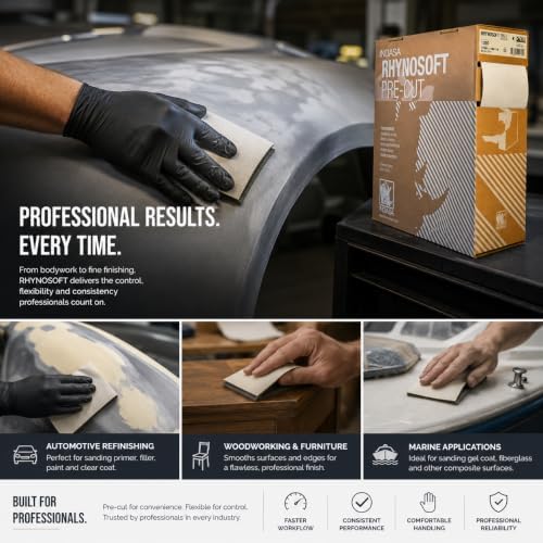 Indasa Rhynosoft Pre-Cut Foam Hand Sanding Pads – Flexible Sponge Sandpaper Sheets for Hand & Machine Sanding – Grits P120 to P1500 – 4.5" x 5.5" Pads – 80 Series – 4.5" x 27.5 yd Roll (180 Grit)