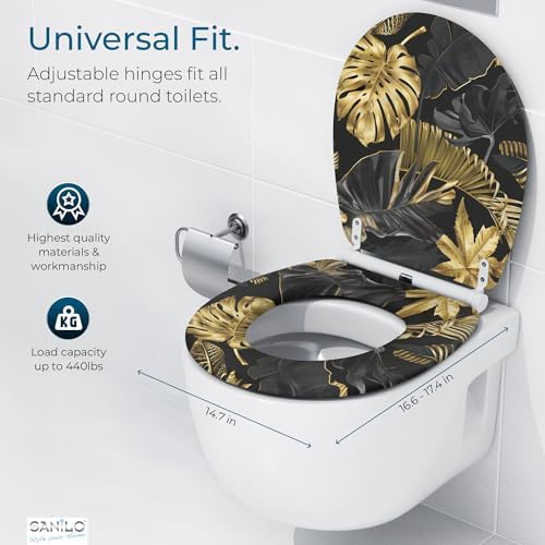 Sanilo Wooden Toilet Seat with Quick Release & Soft Close [ROUND] - Decorative & Slow Close Molded Wood Seat - With One Click for Easy Installation & Cleaning - With Adjustable Fit (Golden Leaves)