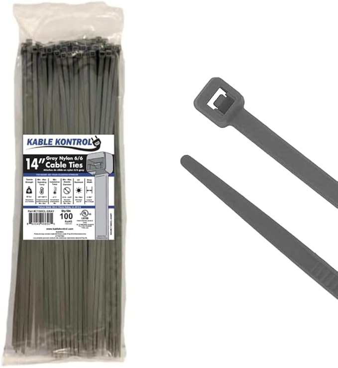 Kable Kontrol Cable Zip Ties, 14 Inch, 100 Pcs, 50lbs Test, Gray | Nylon Plastic, Self Locking, UL Listed, Indoor Use