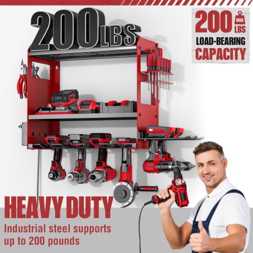 YYR Power Tool Organizer Wall Mount with Charging Station, Cordless Tools Hanger and Battery Storage Rack for Garage Organization, Heavy Duty Drill Holder Shelf Build in Metal Power Strip - Red