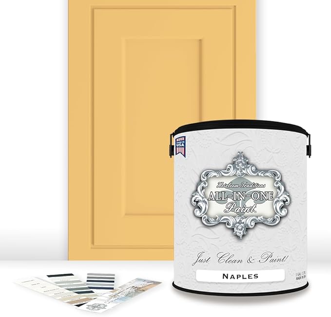 ALL-IN-ONE Paint by Heirloom Traditions, Naples (Sunny Yellow), Gallon - Durable cabinet and furniture paint. Built in primer and top coat, no sanding needed. Includes our 30 featured color card.
