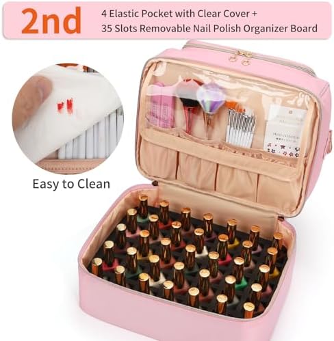 CUBETASTIC Nail Polish Organizer Case, Nail Supplies Storage Box Holds Nail Polish Bottles & Nail Lamp, Travel Nail Tech Carrying Case, Nail Kit Bag For Nail Stuff & Manicure Tools (Pink, 45 Slots)
