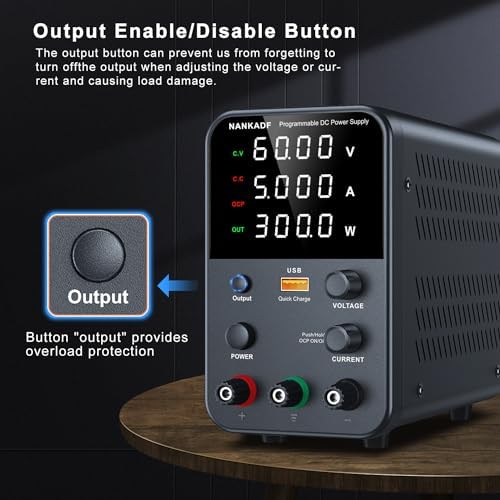 DC Power Supply Variable, Bench Power Supply with Encoder Adjustment Knob, Output Enable/Disable Button, Adjustable Power Supplies with USB Quick-Charge, Short Circuit Alam (60V 5A Black)