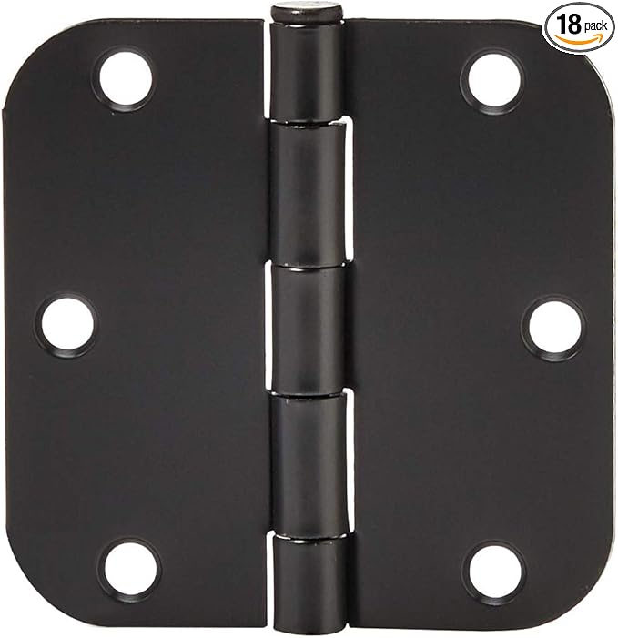 Amazon Basics Sturdy Rounded 5/8 Radius Interior Door Hinges with Included Screws, 3.5" x 3.5", Matte Black, 18-Pack
