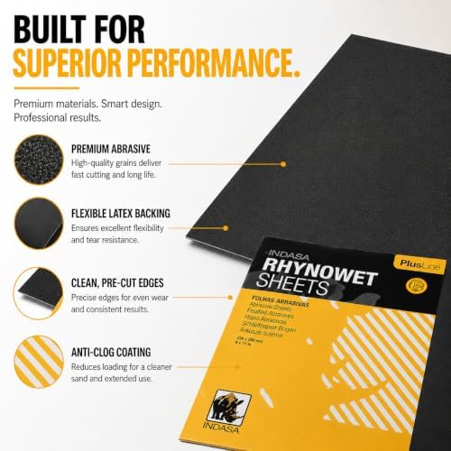 Indasa 50 PCS 9x11” Rhynowet Wet & Dry Sandpaper Sheets,1200 GRIT, Clog-Resistant Abrasive for Wood, Metal, Auto, Paint & Clear Coat Finishing, Sand Paper, Silicon Carbide, Plusline