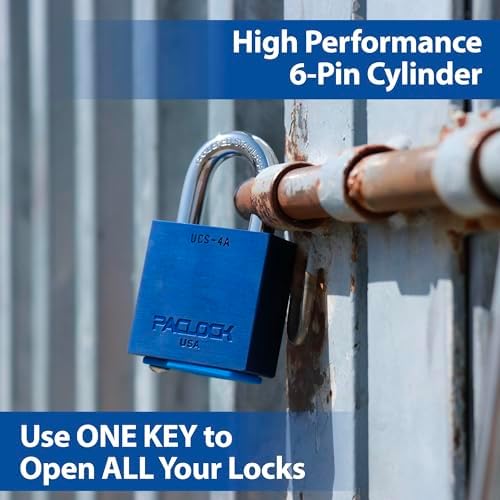 PACLOCK's 4-Series Padlock, UCS, 7/16" Diameter Hard. Stainless Steel Shackle, 2-1/2" Tall, High Performance 6-Pin Cylinder, One Lock Keyed to a Number U-Pick! w/ 2 Keys, Blue Anodized Aluminum