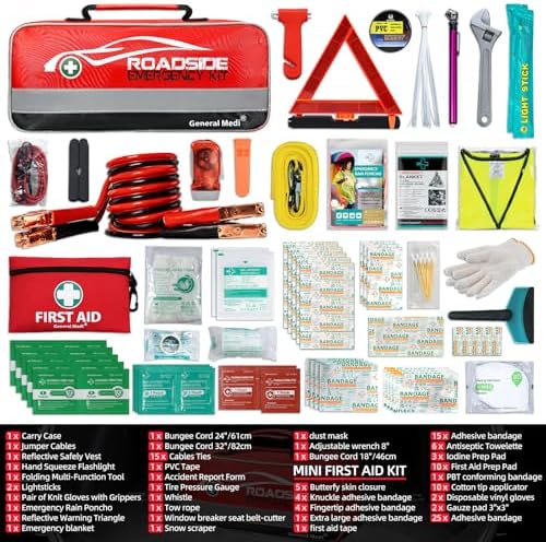 General Medi 127-Pieces Roadside Car Emergency Kit Include Mini First Aid Kit, Jumper Cables,Tow Rope, Bandage, Safety Vest, Emergency Triangle, All in One Pack