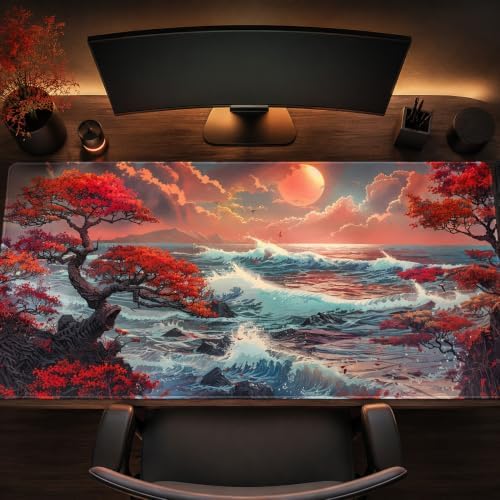 Extended Large Mouse Pad 48"x24", Japanese Wave Aesthetic Desk Mat