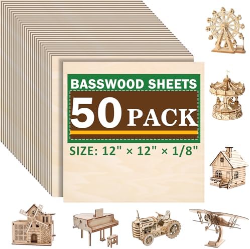 50 Pack Basswood Sheets for Laser Cutting, 12 x 12 x 1/8 Inch, Unfinished Squares Wood Sheets for Crafts - Smooth Surface Plywood for Wood Burning, Engraving, Architectural Models, Painting & Staining