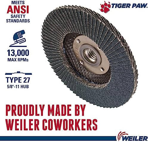Weiler 51114 4-1/2" Tiger Paw Abrasive Flap Disc, Flat (Ty27), Phenolic Backing, 60Z, 5/8"-11 Unc Nut (Pack of 10)