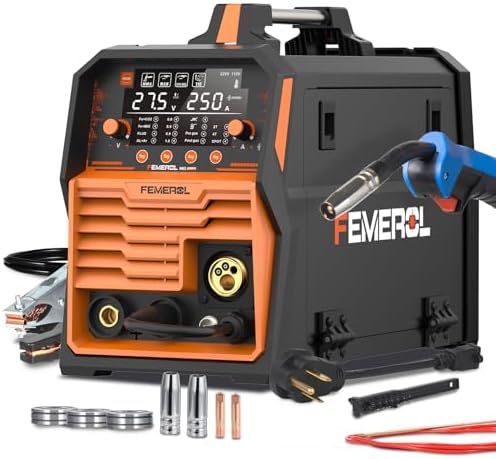 FEMEROL 250A MIG Welder,6 in 1 Gas MIG/Gasless Flux Core/Stick/Lift TIG/Spot Welding/Spool Gun Compatible Aluminum Welding Machine Large LED Display 110V/220V Multi Process Welder