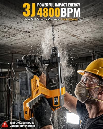 MtiolHig 1" SDS-Plus Cordless Rotary Hammer Drill Compatible with DEWALT 20V Battery, 3J Impact Energy Brushless Motor, 7-Speed Variable 4-Mode with 5 Chisel/Bit Set for Concrete/Masonry, Tool Only