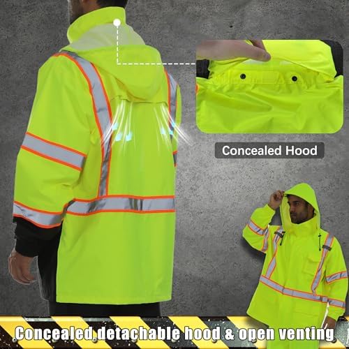 Hi Vis Safety Rain Jacket for Men Women Waterproof Breathable Rain Gears with Mesh Lining Black Bottom Lightweight Work Jacket (4XL/5XL)
