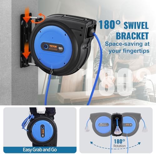 VEVOR 80FT Retractable Extension Cord Reel, Heavy Duty 12AWG/3C SJTOW Cord