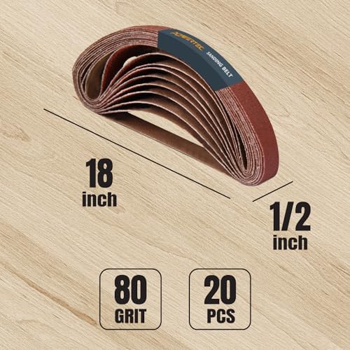 POWERTEC 1/2 x 18 Inch Sanding Belts, 20PK, 80 Grit Aluminum Oxide Belt Sander Sanding Belts for Air File Belt Sander, Woodworking, Knife Sharpening, Metal Polishing (401808)