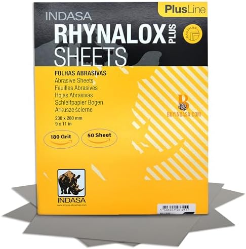 Indasa 50 PCS 9x11 Sandpaper Rhynalox Plusline - Dry Sanding Sheets, 180 Grit, Professional-Grade Abrasive for Wood, Metal, Automotive, and Paint Finishing - Durable, Clog-Resistant Sand Paper