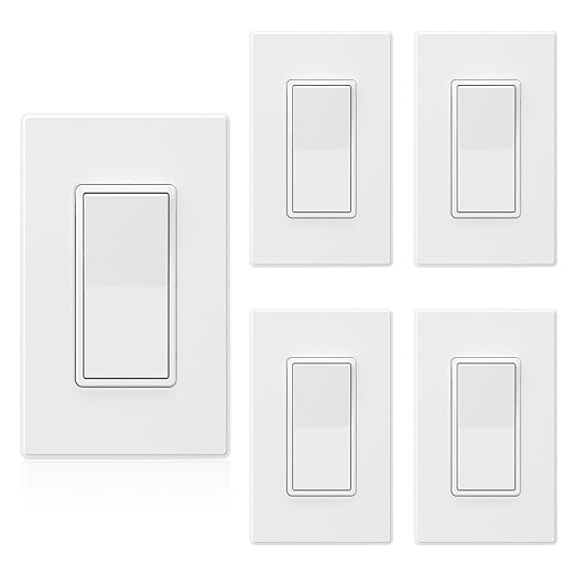 ELEGRP Matte White 3 Way Decorative Light Switch with Plate, 15 Amp, 120-277 Volt, AC Decors Rocker Paddle Wall Switch Replacement, Self-Grounding, Residential Grade, w/Wall Plate, UL Listed (5 Pack)