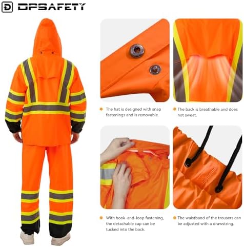 Hi Vis Safety rain Jacket，Reflective Class 3 Rain coat with Inner Mesh Lining and Pockets High Visibility Waterproof work Rain Suits for men&women（Orange,4XL/5XL）