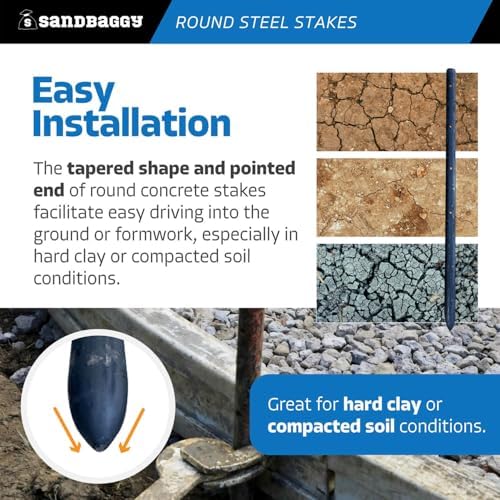 Sandbaggy 18 Inch Round Steel Concrete Form Stakes with Nail Holes, Heavy Duty Rust Resistant Form Pins for Concrete Forms, Slabs, Driveways, Sidewalks, Curbs & Footings, 5 Pack, 3/4 in x 18 in