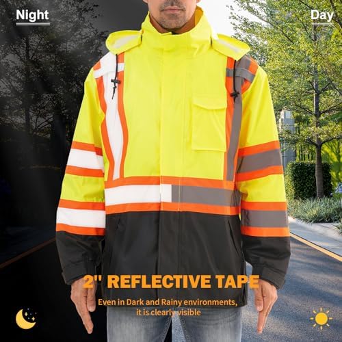 Reflective Rain jackets for men waterproof,Hi Vis Safety Coat With Reflective Strips，High Visibility Class 3 Rain jackets With 2 large pockets,Zipper,Lime,LG/XL