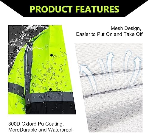 FONIRRA Class 3 High Visibility Rain Suit With Detachable Hood Waterproof Lime Reflective Safety Worker Jacket & Pants (4XL/5XL Yellow)
