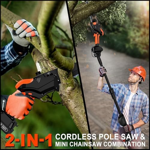 2-IN-1 Pole Saw & 8" Mini Chainsaw Battery Powered with 2 x 21V Batteries
