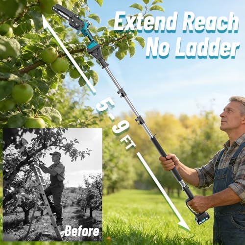 2-in-1 Pole Saws for Tree Trimming, Mini Chainsaw Cordless 6 Inch with 15 FT Max Reach, Electric Pole Saw with 2*21V Batterys, Auto-Oil Brushless Branch Cutter for Tree Trimmer Pole Saw Blue