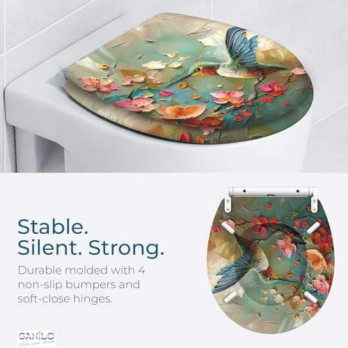 Sanilo Wooden Toilet Seat with Quick Release & Soft Close [ROUND] - Decorative & Slow Close Molded Wood Seat - With One Click for Easy Installation & Cleaning - With Adjustable Fit (Petalo)