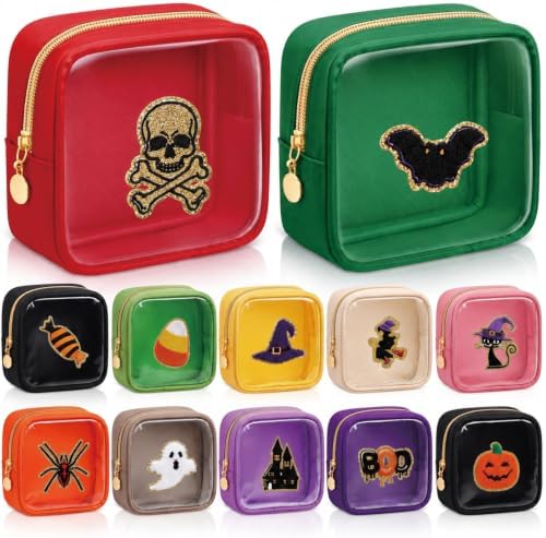 Abbylike 12 Pcs Halloween Preppy Patch Makeup Bags Bulk Polyester Holiday Makeup Bag Skincare Pouch Zipper Cosmetic Pouch Preppy Thing for Travel Halloween Women Gift (Frosted, Colorful)