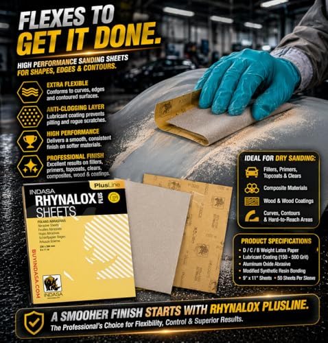 Indasa 50 PCS 9x11 Sandpaper Rhynalox Plusline - 60 Grit Dry Sanding Sheets, Professional-Grade Abrasive for Wood, Metal, Automotive, and Paint Finishing - Durable, Clog-Resistant Sand Paper