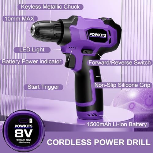 8V Purple Cordless Drill Set for Women, Starter Tool Kit with Drill