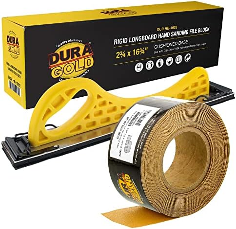 Dura-Gold Pro Series Longboard Hand Sanding File Sander Block - Hook & Loop Backing and PSA Backing Adapter Pad & 120 Grit PSA Longboard Sandpaper 20 Yard Continuous Roll, 2-3/4" Wide