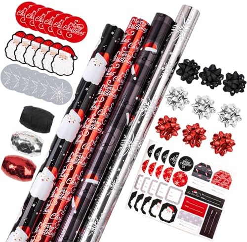 WRAPAHOLIC Christmas Wrapping Paper Set - Black Red Santa and Snowflake Holiday Collection with Metallic Foil Shine Wrapping Paper Bundle with Gift Bow & Ribbon & Tag & Sticker