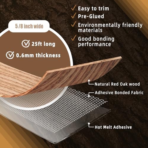 GSCIT Club Red Oak Edge Banding, 5/8 inch x 25ft roll of Veneer Edge Banding - Pre-glued Flexible, Real Wood Tape for Cabinet Repair & Furniture Restoration