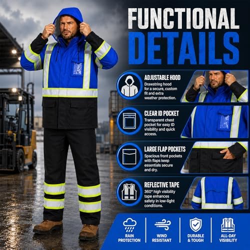Rain Suits for Men Waterproof Reflective High Visibility Rain Gear Mens Heavy Duty, Hi Vis Rain Jacket & Pants with Black Bottom Class 3 ANSI/ISEA Compliant, Blue 2XL/3XL