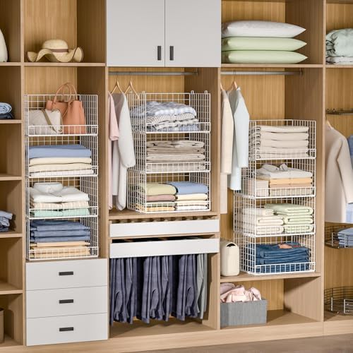 Yociyoga 4-Tier Stackable Closet Organizers and Storage Basket, Foldable Closet Shelf Organizer System, Space-Saving Clothes Storage Drawer Organizer for Wardrobe, White (Patent 30022416)
