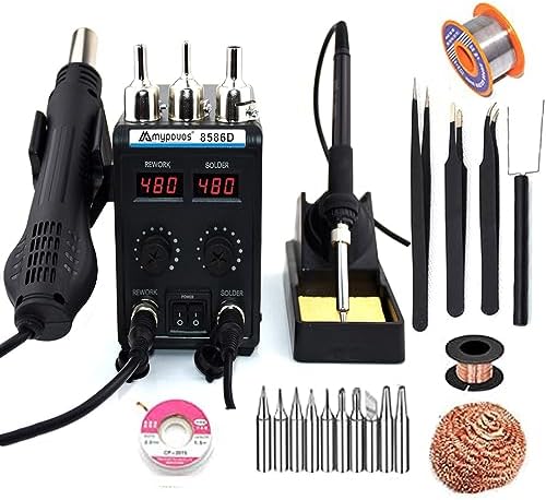 8586D 110V Solder Station, 2 in 1 LCD Dual Digital Display SMD Hot Air Gun Rework Station and Soldering Iron,750W