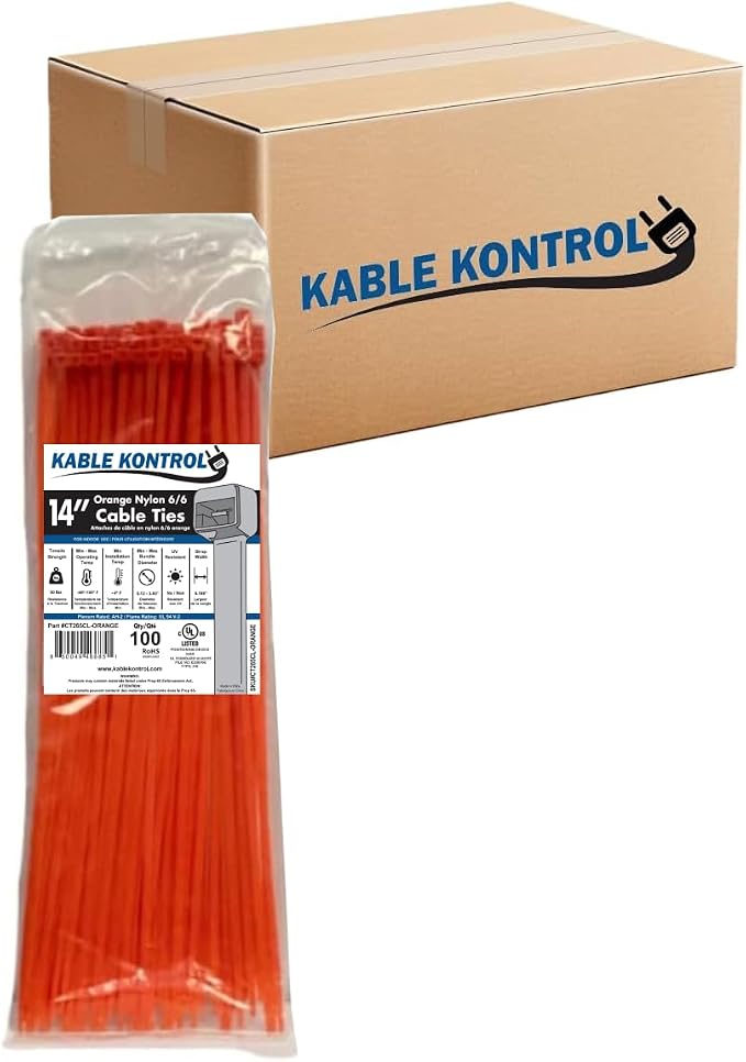 Kable Kontrol Cable Zip Ties, 14 Inch, 6000 Pcs, 50lbs Test, Orange | Nylon Plastic, Self Locking, UL Listed, Indoor Use