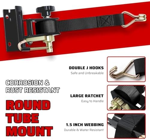 Black Rack Straps with J-Hook (2PK),1.5" x7.5' Ladder Rack Ratchet Straps, 2" Round Tube Mount, Perfect Ladder Rack Tie-Downs for Trailer Cargo Control